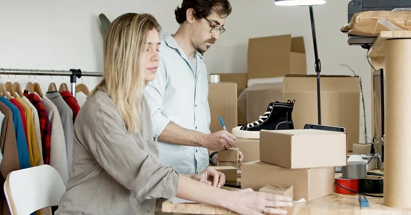 Business partners organizing inventory in an online store setup with clothes and boxes.