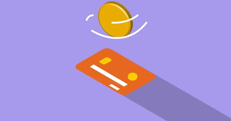 Creative graphic illustration of golden coin spinning above credit card on violet background