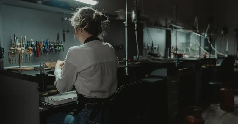 Woman artisan crafting jewelry in a focused workspace with tools.