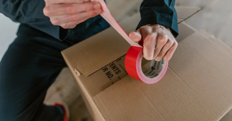 Focus on hands sealing a cardboard box with red tape, depicting careful packaging.