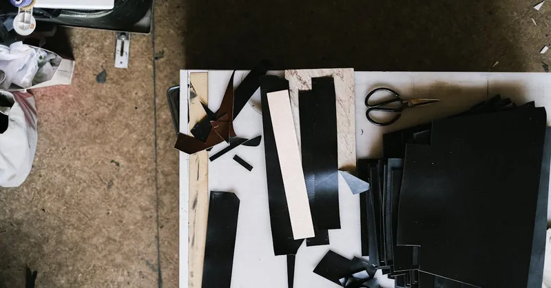 Top-down image of a leather crafting workstation with tools and materials.
