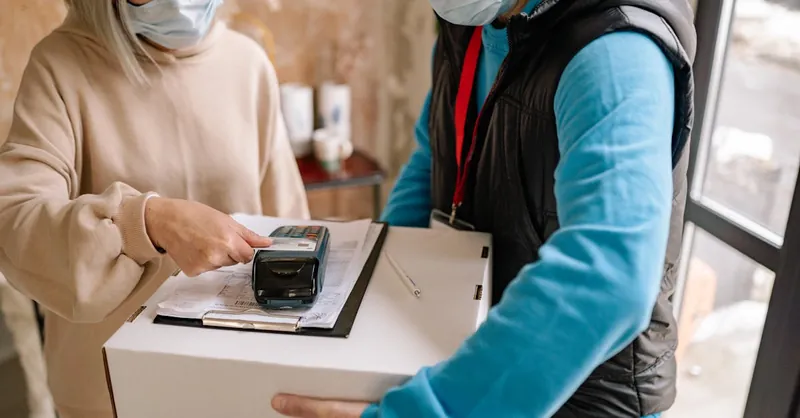 A woman makes a contactless payment for a delivery with safety measures like face masks.