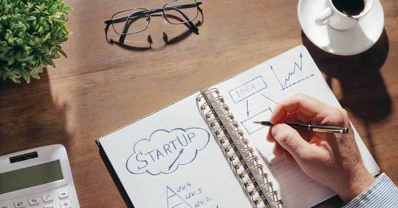 A creative workspace featuring startup planning on a notepad, eyeglasses, and a cup of coffee.